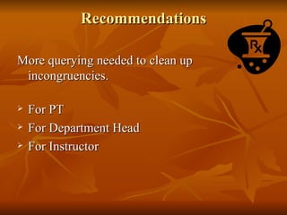 Recommendations More querying needed to clean up incongruencies. For PT For Department Head For Instructor 