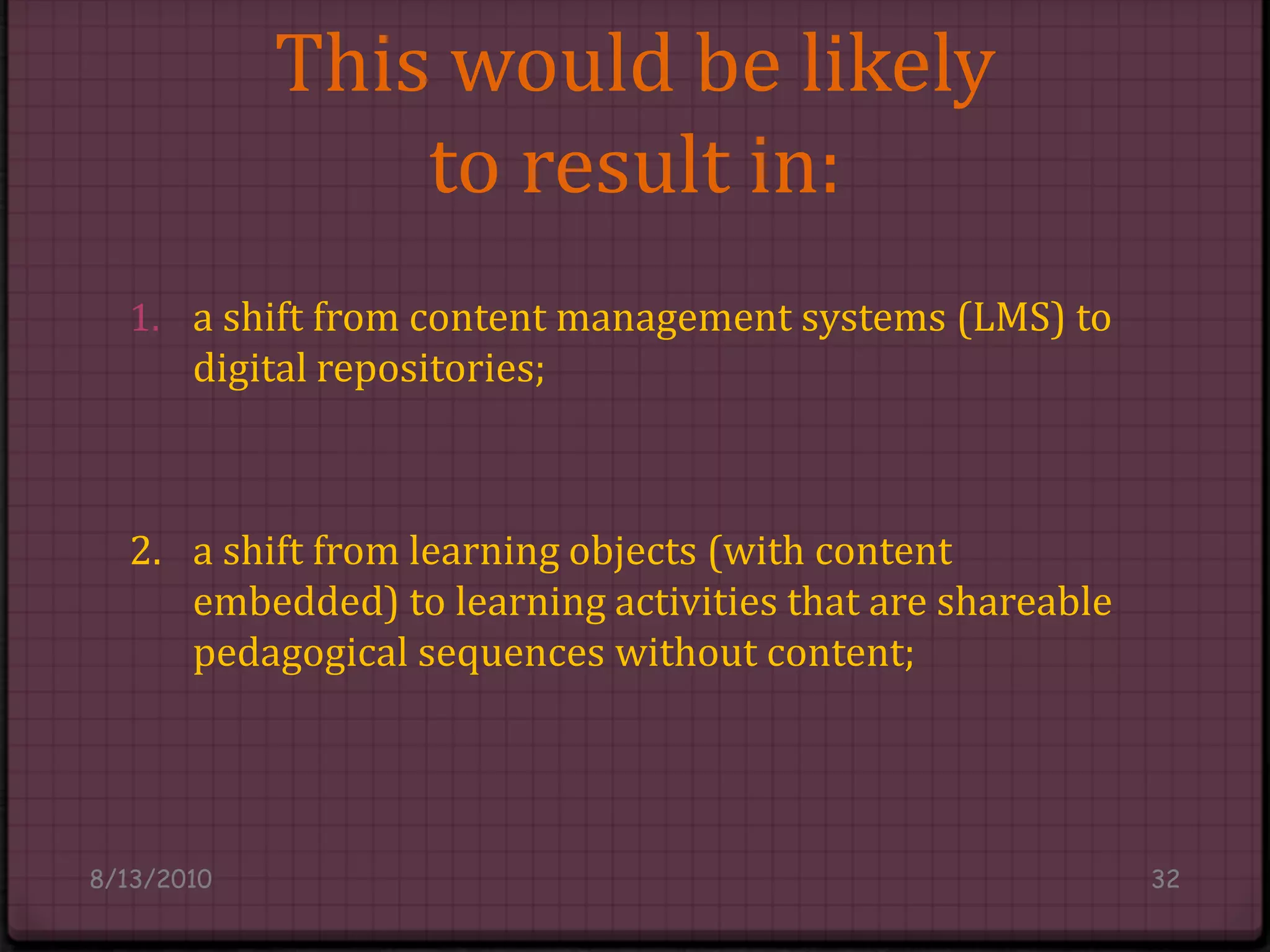 This would be likelyto result in:a shift from content management systems (LMS) to digital repositories;2. 	a shift from learning objects (with content 	embedded) to learning activities that are shareable 	pedagogical sequences without content;8/14/201032