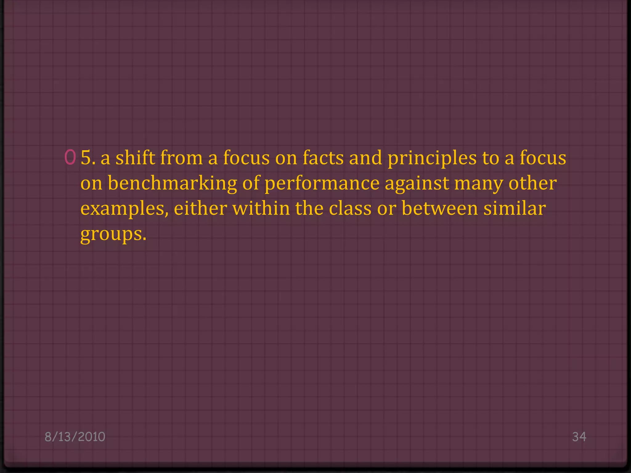 5. a shift from a focus on facts and principles to a focus on benchmarking of performance against many other examples, either within the class or between similar groups.8/14/201034