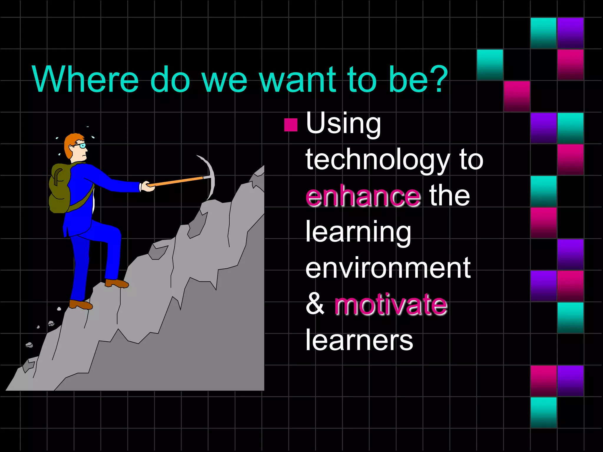 Where do we want to be?
 Using
technology to
enhance the
learning
environment
& motivate
learners
 