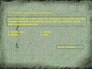 11. The narrative below belongs to what genre?
Juan dropped the axe and the robbers fled leaving their loot and their food. Then
Juan and Pedro climbed down the tree ate the food and went home with the
sacks of goods that robbers left.
A . fantastic story C . tall tale
B . folktale D . fable
Answer: B. folktale
 