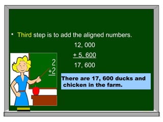  Third step is to add the aligned numbers.
12, 000
+ 5, 600
17, 600
There are 17, 600 ducks and
chicken in the farm.
 