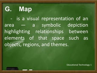 G. Map
- is a visual representation of an
area — a symbolic depiction
highlighting relationships between
elements of that space such as
objects, regions, and themes.
Educational Technology 1
 