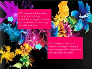 2.Technology as information
vehicles for exploring
knowledge to support learning-
by-constructing for accessing
needed information.
3.Technology as context to
support learning-by-doing for
representing beliefs, perspectives
and arguments of others.
 