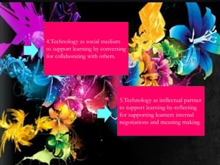 4.Technology as social medium
to support learning by conversing
for collaborating with others.
5.Technology as intllectual partner
to support learning-by-reflecting
for supporting learners internal
negotiations and meaning making.
 