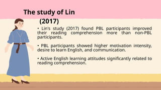 • Lin's study (2017) found PBL participants improved
their reading comprehension more than non-PBL
participants.
• PBL participants showed higher motivation intensity,
desire to learn English, and communication.
• Active English learning attitudes significantly related to
reading comprehension.
The study of Lin
(2017)
 