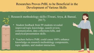 Researches Proves PrBL to be Beneficial in the
Development of Various Skills
1. Research methodology skills (Tiwari, Arya, & Bansal,
2017).
• Student feedback from 99 students revealed
improved topic knowledge, search review,
communication, data collections kills, and
analytical/presentation skills.
• Teachers believe PrBL could cause 100% enhance
knowledge on research methodology components,
topic updates, and student interaction.
 