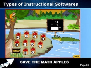 Types of Instructional Softwares




       SAVE THE MATH APPLES
             Powerpoint Templates
                                    Page 20
 