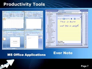 Productivity Tools




 MS Office Applications
                                Ever Note


                Powerpoint Templates
                                            Page 7
 