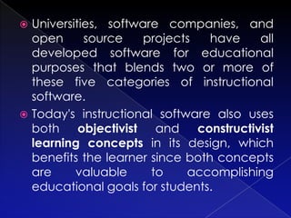  Universities, software companies, and
  open      source    projects   have   all
  developed software for educational
  purposes that blends two or more of
  these five categories of instructional
  software.
 Today's instructional software also uses
  both objectivist and constructivist
  learning concepts in its design, which
  benefits the learner since both concepts
  are     valuable     to    accomplishing
  educational goals for students.
 