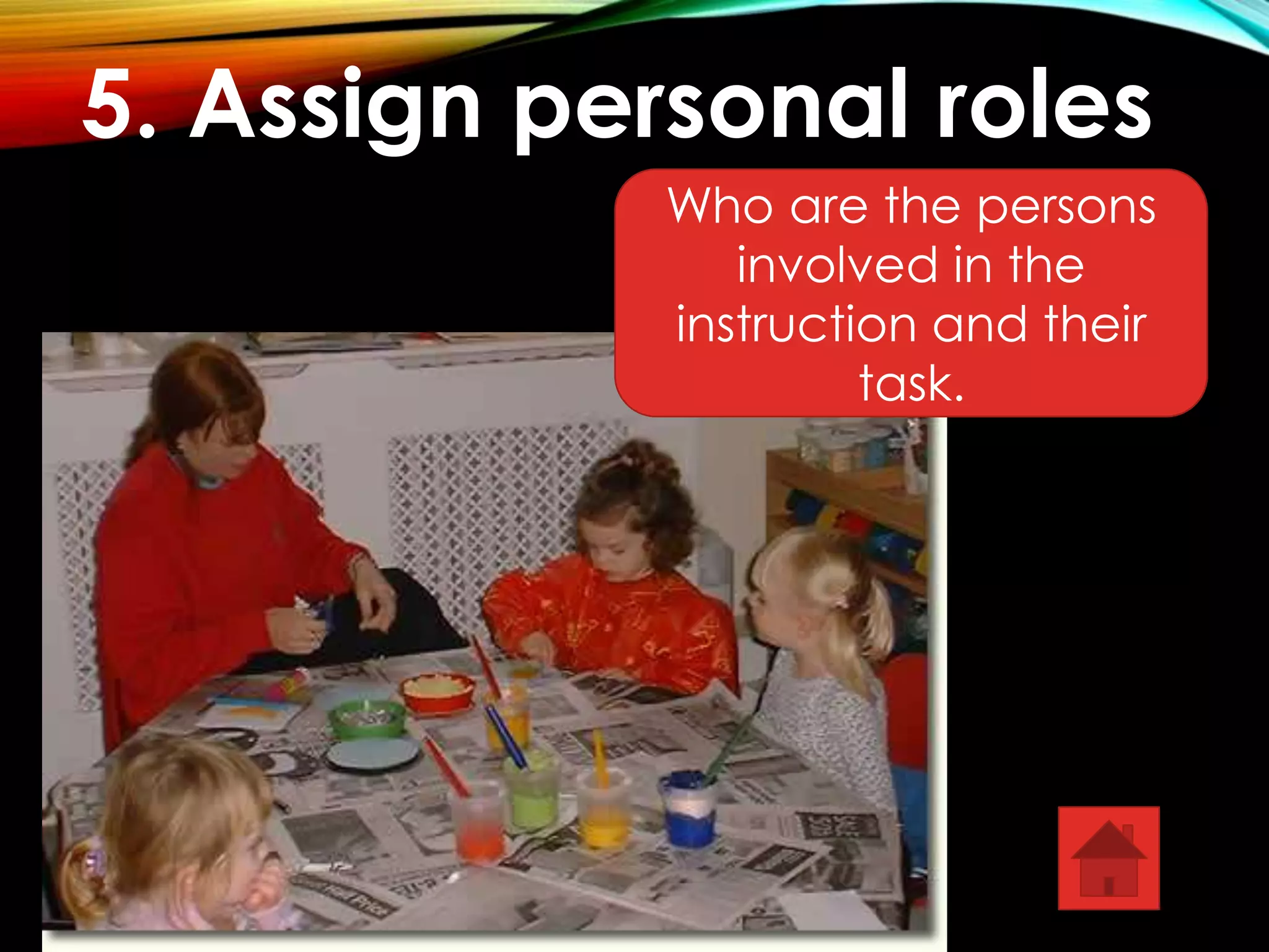 5. Assign personal roles 
Who are the persons 
involved in the 
instruction and their 
task. 
 