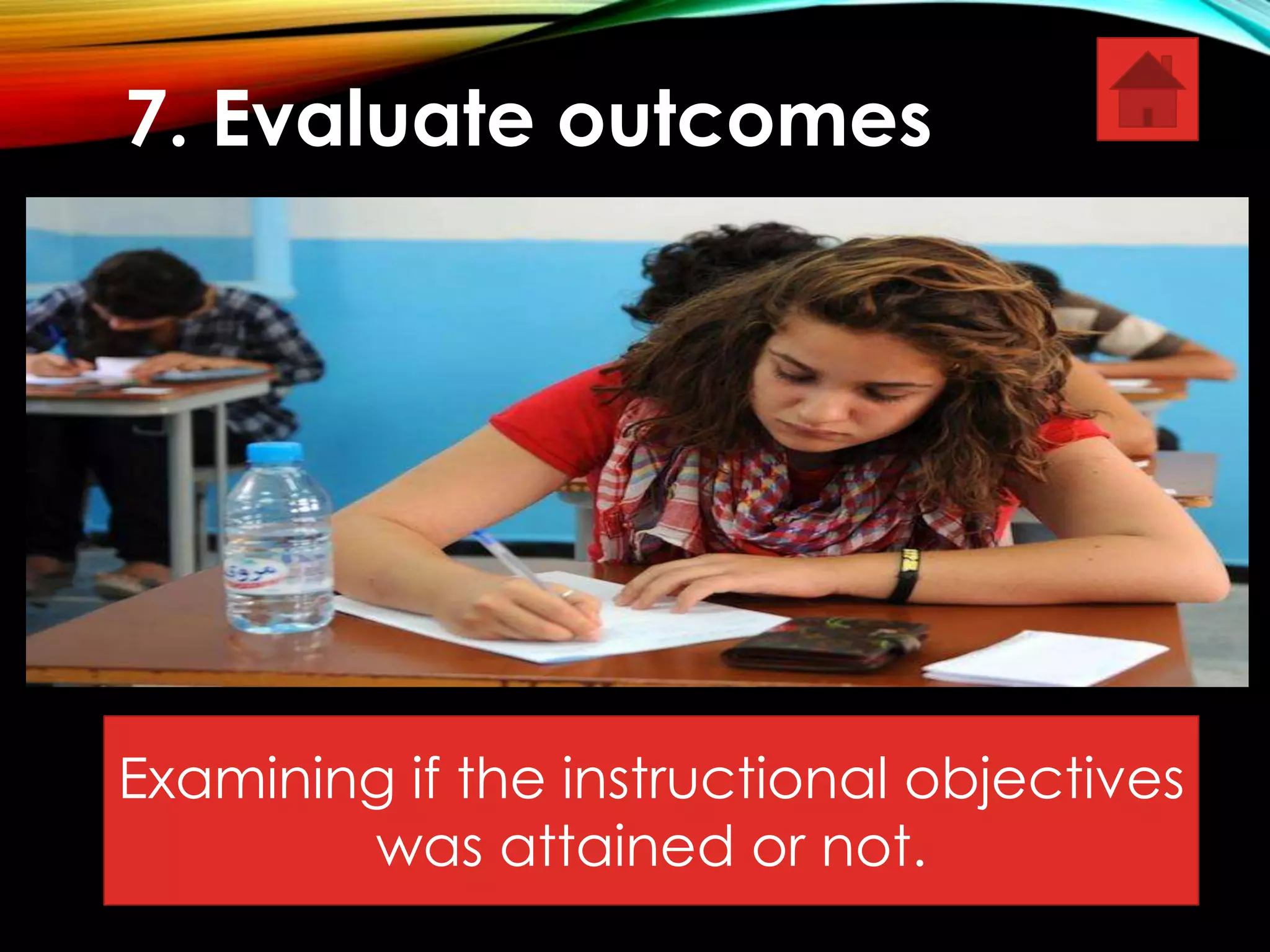 7. Evaluate outcomes 
Examining if the instructional objectives 
was attained or not. 
 