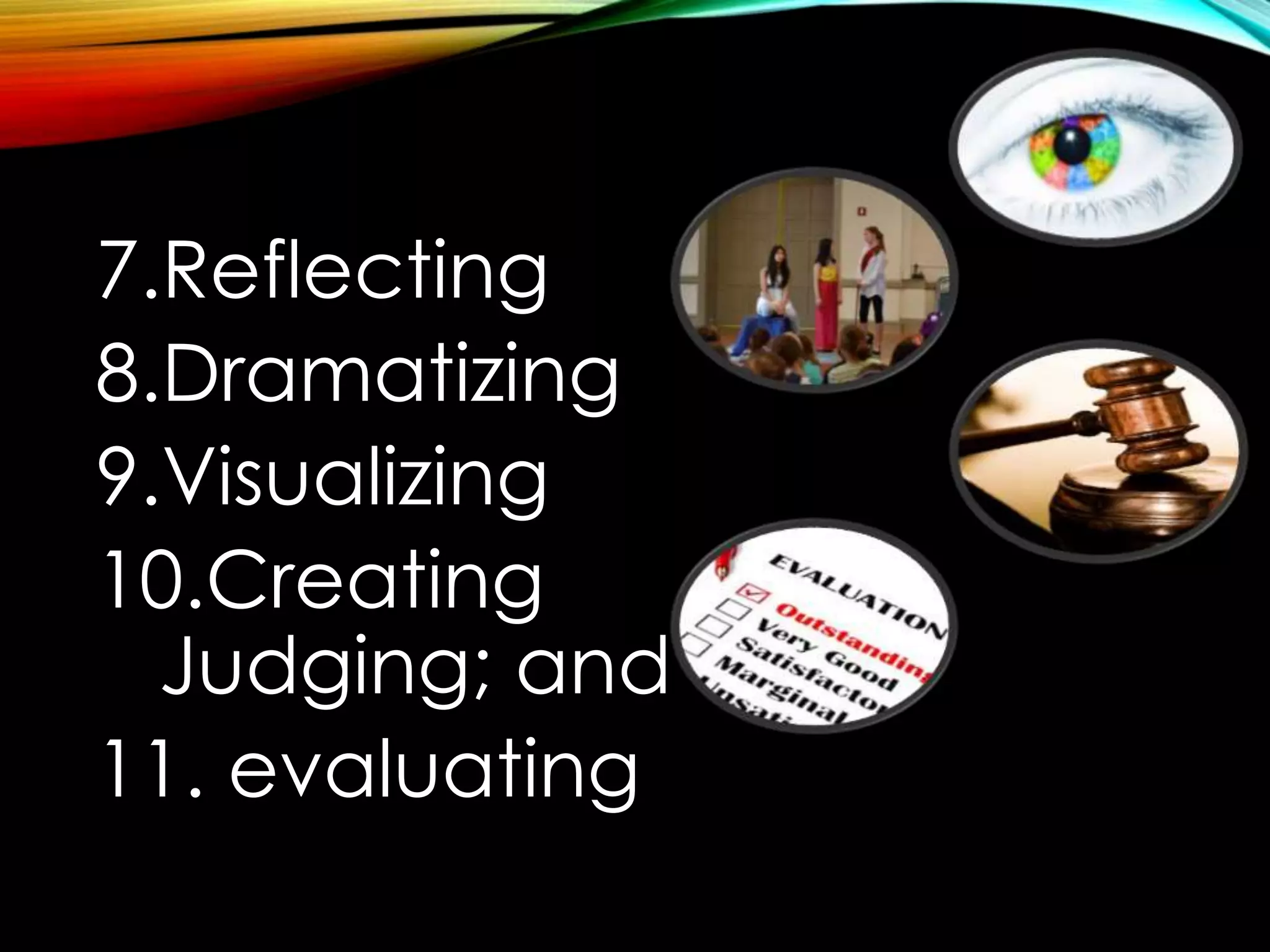 7.Reflecting 
8.Dramatizing 
9.Visualizing 
10.Creating 
Judging; and 
11. evaluating 
 
