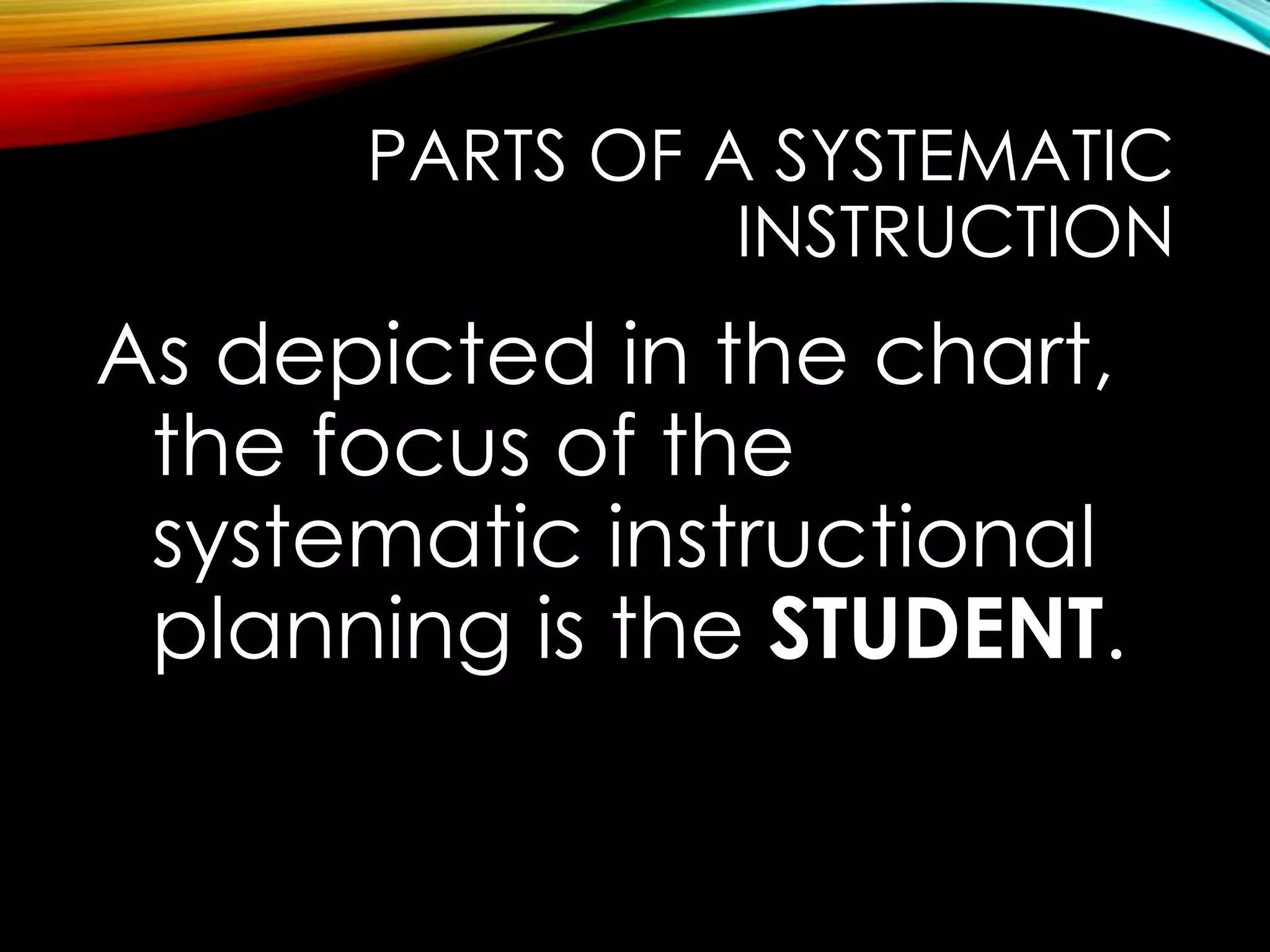 PARTS OF A SYSTEMATIC 
INSTRUCTION 
As depicted in the chart, 
the focus of the 
systematic instructional 
planning is the STUDENT. 
 