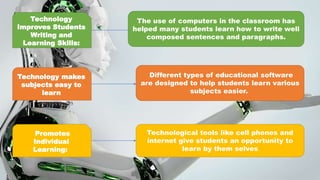 Technology
Improves Students
Writing and
Learning Skills:
The use of computers in the classroom has
helped many students learn how to write well
composed sentences and paragraphs.
Technology makes
subjects easy to
learn
Different types of educational software
are designed to help students learn various
subjects easier.
Promotes
Individual
Learning:
Technological tools like cell phones and
internet give students an opportunity to
learn by them selves
 