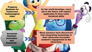 As the world develops, every
job in the future will require
applicants to have some
technical skills
Many teachers have discovered
that integrating technology in
their classroom increases
student’s engagement in the
classroom.
Prepares
Students for
Tomorrows
Technological
Jobs:
Increases
Students
Innovation
and
Creativity:
 
