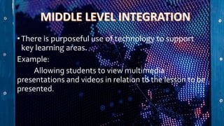 • There is purposeful use of technology to support
key learning areas.
Example:
Allowing students to view multimedia
presentations and videos in relation to the lesson to be
presented.
 