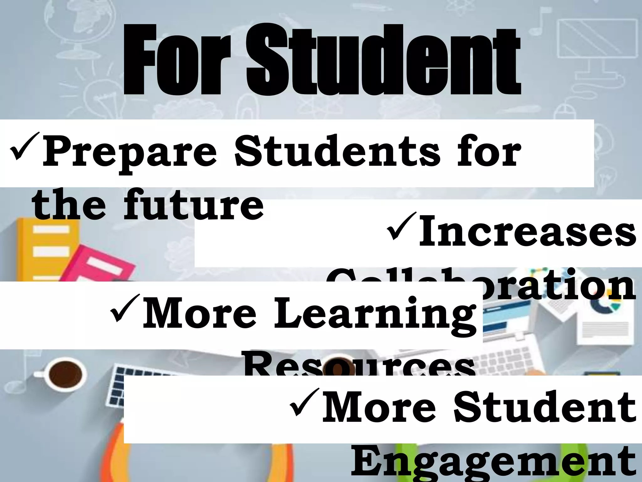 For Student
Increases
Collaboration
More Learning
Resources
More Student
Engagement
Prepare Students for
the future
 