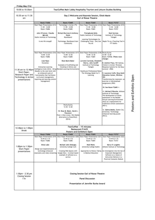Friday May 21st
 10:00 to 10:30am                                  Tea/Coffee Main Lobby Hospitality Tourism and Leisure Studies Building

 10:30 am to 11:30                                                Day 2 Welcome and Keynote Session, Eliott Masie
        am                                                                    Earl of Rosse Theatre

                               Room: F2686                     Room: F2685                        Room: F2681                    Room: F2727
                       Short Paper Presentation (S13)     Technology in Action (T5)       Short Paper Presentation (S14) Short Paper Presentation (S15)
                               11:30 - 12:00                   11:30 - 12:00                      11:30 - 12:00                  11:30 - 12:00
                               Room: F2686                     Room: F2685                        Room: F2681                    Room: F2727

                         John O'Connor, Claudia          Richard Burrows & Anthony              Fionnghuala Kelly                    Noel Gorman
                                   Igbrude                          Doyle                 Dublin Institute of Technology       Institute of Technology
                       Dublin Institute of Technology            Blackboard                                                            Tallaght
                                                                                            Learning Technologies for
                             Is one life enough?         Technology: Blackboard User       Challenging Times - One Size    Maple TA as a Teaching Tool In
                                                                 Community                            fits All                      ITT Dublin




                       Short Paper Presentation (S16) Short Paper Presentation (S17) Short Paper Presentation (S18) Pecha Kucha
                                 12:00- 12:30                     12:00- 12:30                  12:00- 12:30          12:00- 12:40
                                 Room: F2686                      Room: F2685                   Room: F2681           Room: F2726 (*Note room
                                                                                                                      change)
                                  Liam Ryan                    Rose Marie Baker        Lorraine Carmody, Elizabeth
                                   Enovation                                               Sherry, John Cardiff       8. Andrew Flaus, NUI Galway,
                                                           Examples of Scaffolding and    Institute of Technology     Clickers in Action: Personal
                              Enterprise Learning            Chunking in Online and               Tallaght            Response Systems for the Busy
                       Intelligence Suite (ELIS) - Bring Blended Learning Environments                                Lecturer (PK8)
11:30 am to 12:40pm
                        Moodle to the next level with                                  Healthcare Professional Roles:
    Short Paper,             an enhanced suite of                                        The Ontology Model for E-    9. Laurence Cuffe, Bray Adult
 Research Paper and      functionality that facilitates                                           Learning            Education Center, Wicklow




                                                                                                                                                             Posters and Exhibits Open
Technology in Action       curriculum management,                                                                     VEC
    presentations      reporting and learning content                                                                 Transforming the classroom: an
                                 management                                                                           exercise in individualised
                                                                                                                      assignments (PK9)

                                                                                                                           10. See Room F2685 <-

                                                                                                                           11. Michael O'Rourke, Athlone
                                                                                                                           Institute of Technology
                                                                                                                           The development of online
                                                                                                                           assessment in the Moodle
                                                                                                                           Virtual Learning Environment
                                                                                                                           (VLE) as a replacement for
                                                                                                                           traditional written assessment
                                                                 Pecha Kucha                                               (PK11)
                                                                 12:30- 12:40
                                                                                                                           12. Sabina Moebs, Dublin City
                                                         10. Rose M. Baker, David L.                                       University: Technology-
                                                                   Passmore                                                enhanced learning puzzle
                                                        Prezi: A Non-Linear, Rich Media                                    (PK12)
                                                           Alternative to PowerPoint
                                                                     (PK10)



                                                                     Tea/Coffee - 15 minutes
12:40pm to 1:00pm
                                                                         Restaurant F1625
      Break
                                                                    Posters and Exhibitors Open
                               Room: F2686                    Room: F2685                    Room: F2681                    Room: F2727
                       Short Paper Presentation (S19) Short Paper Presentation (S20) Short Paper Presentation (S21) Short Paper Presentation (S22)
                               12:45 to 1:15                  12:45 to 1:15                  12:45 to 1:15                  12:45 to 1:15
                               Room: F2686                    Room: F2685                    Room: F2681                    Room: F2727

                                 Brian Lake             Michael John Delargey                     Niall Watts                    Barry O' Loughlin
 1:00pm to 1:30pm                                       University College Cork             University College Dublin      Athlone Institute of Technology
    Short Paper         Design and implementation of
   presentations            technology-enhanced        Creating Web Quests with            Approaches to History Taking An Investigation into the Use of
                       classrooms and video streaming Google Docs - A school based            in Medical Education          Classroom Management
                                                       example of software as a                                              Software as a means of
                                                                service                                                     Instruction Delivery in a
                                                                                                                          Practical Computer Module




 1:30pm - 2:30 pm                                                         Closing Session Earl of Rosse Theatre
  Closing Session
        1 hr                                                                              Panel Discussion

                                                                         Presentation of Jennifer Burke Award
 