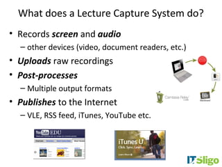 What does a Lecture Capture System do?
• Records screen and audio
  – other devices (video, document readers, etc.)
• Uploads raw recordings
• Post-processes
  – Multiple output formats
• Publishes to the Internet
  – VLE, RSS feed, iTunes, YouTube etc.
 