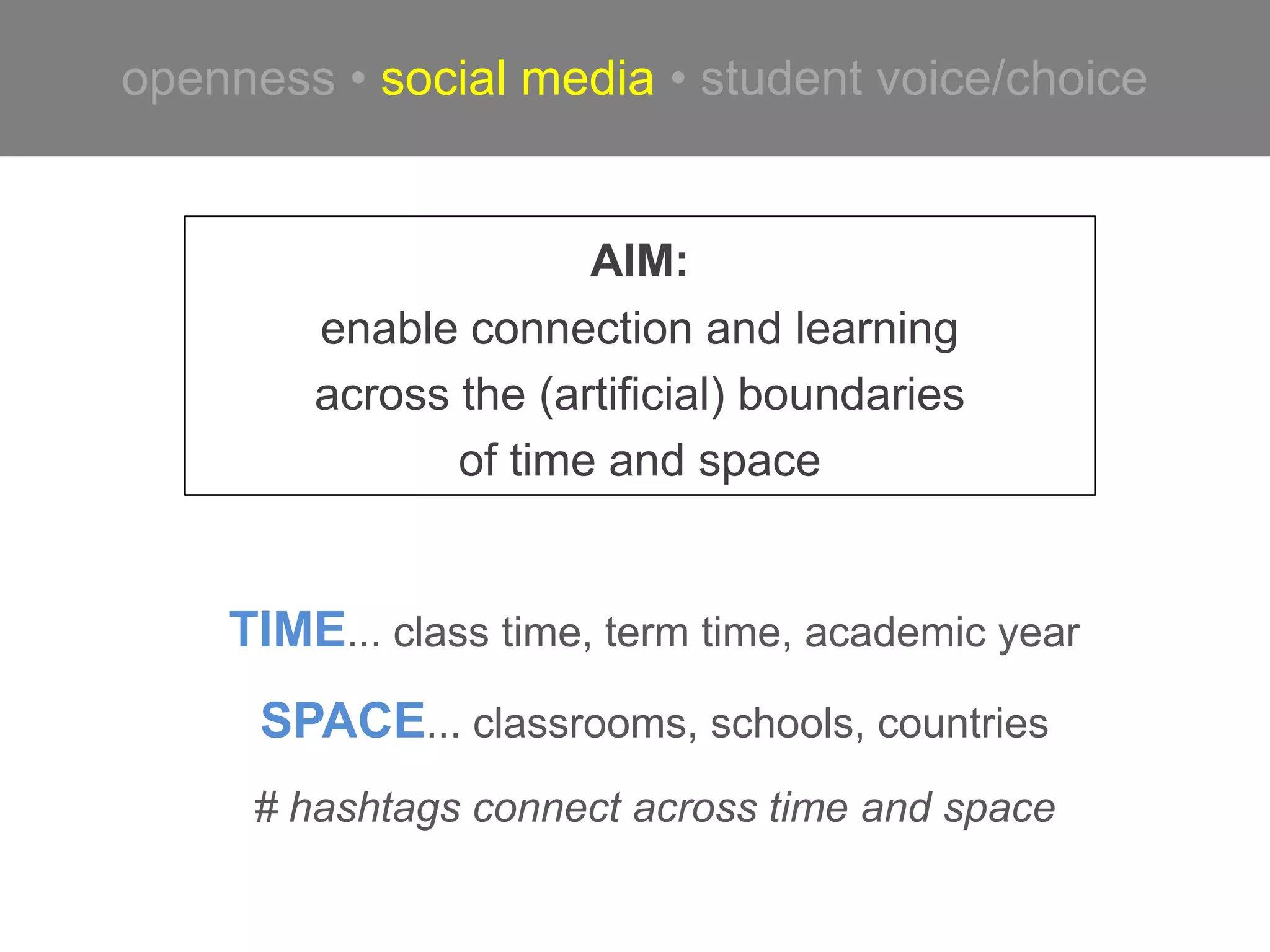 openness • social media • student voice/choice
AIM:
enable connection and learning
across the (artificial) boundaries
of time and space
TIME... class time, term time, academic year
SPACE... classrooms, schools, countries
# hashtags connect across time and space
 