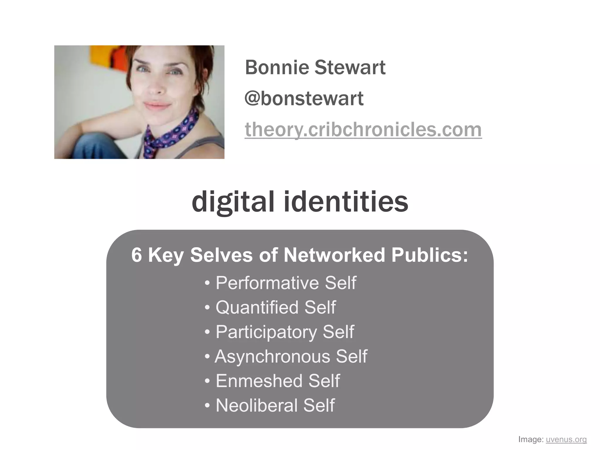Image: uvenus.org
digital identities
Bonnie Stewart
@bonstewart
theory.cribchronicles.com
6 Key Selves of Networked Publics:
• Performative Self
• Quantified Self
• Participatory Self
• Asynchronous Self
• Enmeshed Self
• Neoliberal Self
 