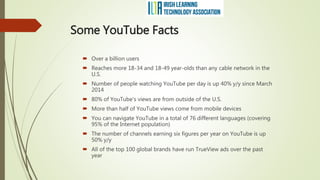 Some YouTube Facts
 Over a billion users
 Reaches more 18-34 and 18-49 year-olds than any cable network in the
U.S.
 Number of people watching YouTube per day is up 40% y/y since March
2014
 80% of YouTube's views are from outside of the U.S.
 More than half of YouTube views come from mobile devices
 You can navigate YouTube in a total of 76 different languages (covering
95% of the Internet population)
 The number of channels earning six figures per year on YouTube is up
50% y/y
 All of the top 100 global brands have run TrueView ads over the past
year
 