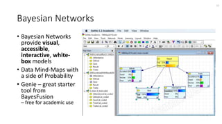 Bayesian Networks
• Bayesian Networks
provide visual,
accessible,
interactive, white-
box models
• Data Mind-Maps with
a side of Probability
• Genie – great starter
tool from
BayesFusion
– free for academic use
11
 