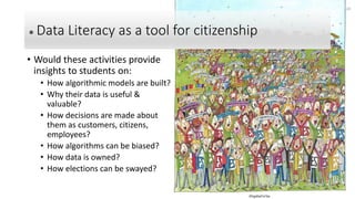 ● Data Literacy as a tool for citizenship
• Would these activities provide
insights to students on:
• How algorithmic models are built?
• Why their data is useful &
valuable?
• How decisions are made about
them as customers, citizens,
employees?
• How algorithms can be biased?
• How data is owned?
• How elections can be swayed?
24
 