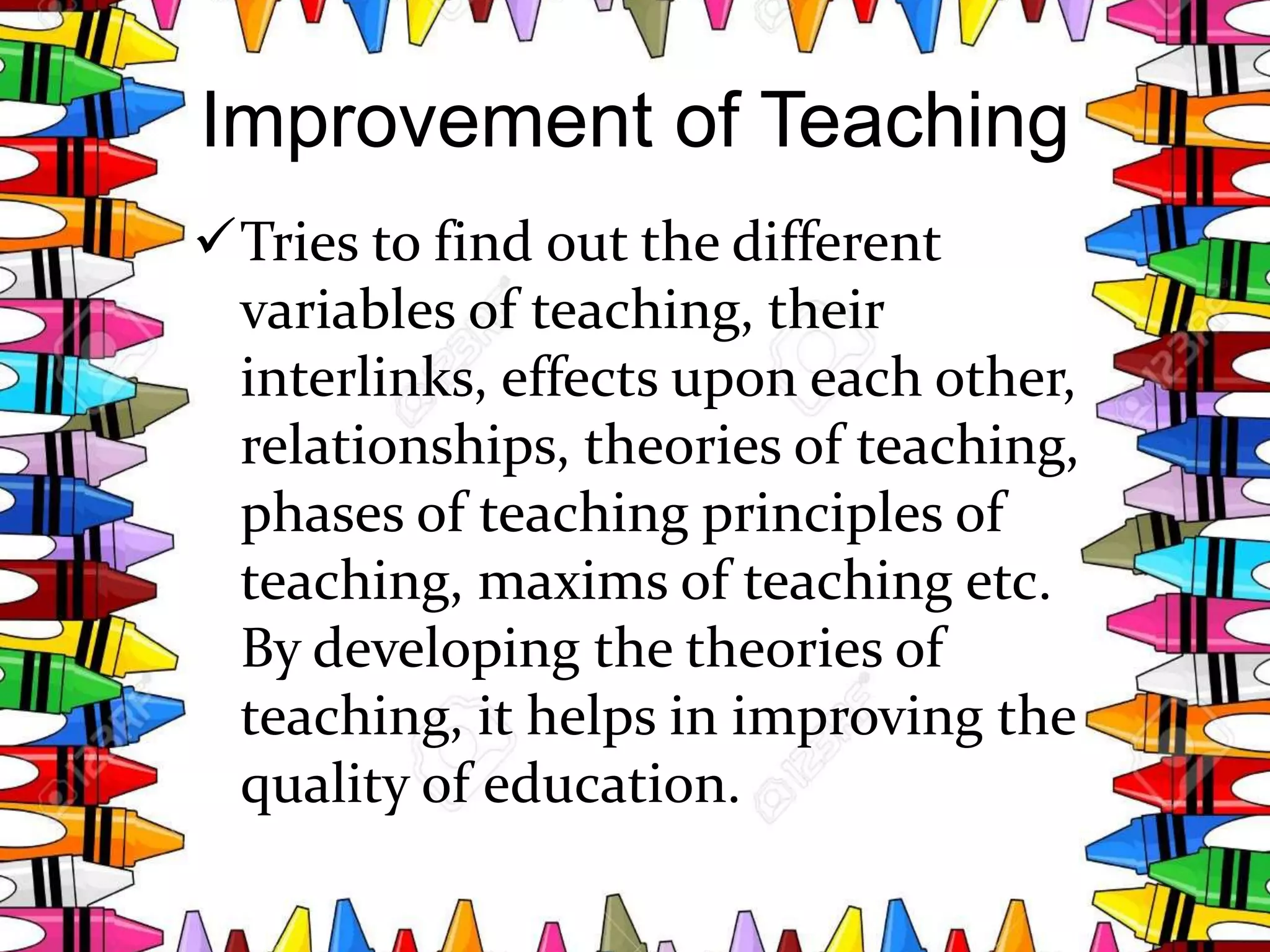 Improvement of Teaching
Tries to find out the different
variables of teaching, their
interlinks, effects upon each other,
relationships, theories of teaching,
phases of teaching principles of
teaching, maxims of teaching etc.
By developing the theories of
teaching, it helps in improving the
quality of education.
 