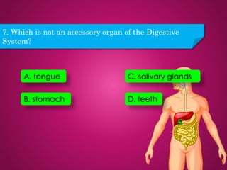 7. Which is not an accessory organ of the Digestive
System?
D. teeth
C. salivary glands
B. stomach
A. tongue
 