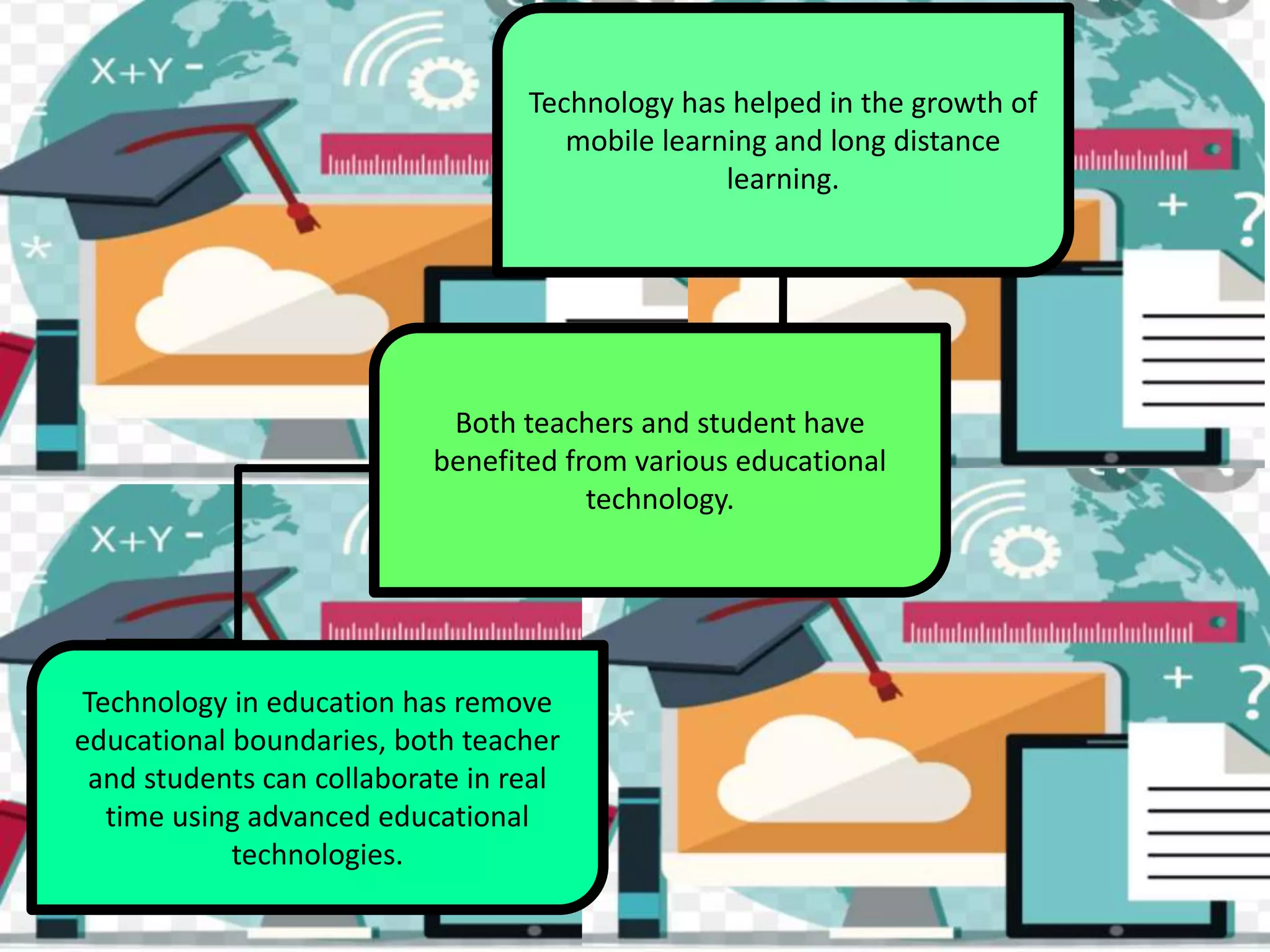 Technology has helped in the growth of
mobile learning and long distance
learning.
Technology in education has remove
educational boundaries, both teacher
and students can collaborate in real
time using advanced educational
technologies.
Both teachers and student have
benefited from various educational
technology.
 