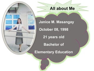 All about Me
Janice M. Masangay
October 08, 1998
21 years old
Bachelor of
Elementary Education
 