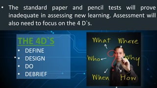 • The standard paper and pencil tests will prove
inadequate in assessing new learning. Assessment will
also need to focus on the 4 D`s.
THE 4D`S
• DEFINE
• DESIGN
• DO
• DEBRIEF
 
