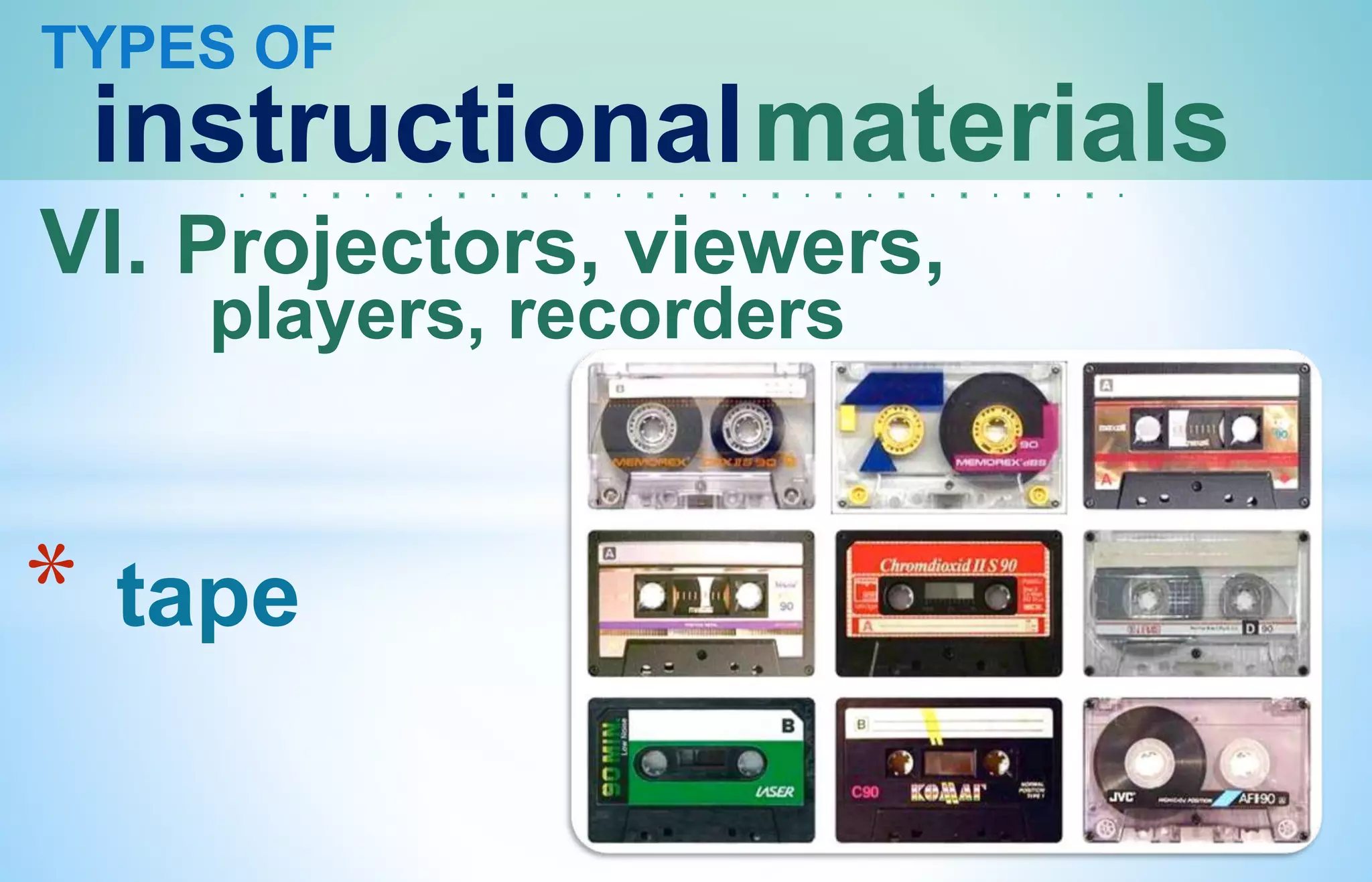 TYPES OF
instructionalmaterials
VI. Projectors, viewers,
players, recorders
* tape
 