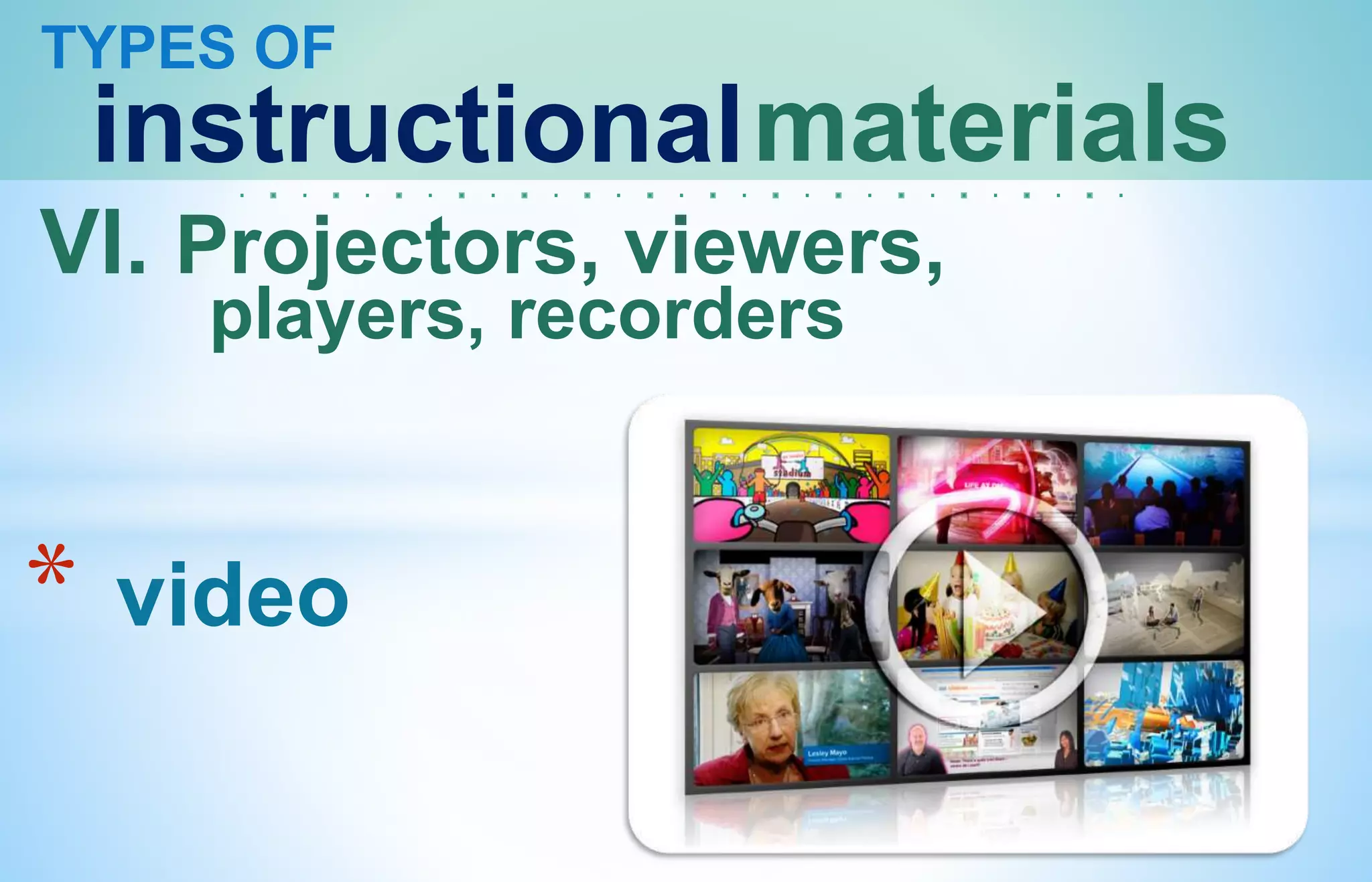 TYPES OF
instructionalmaterials
VI. Projectors, viewers,
players, recorders
* video
 