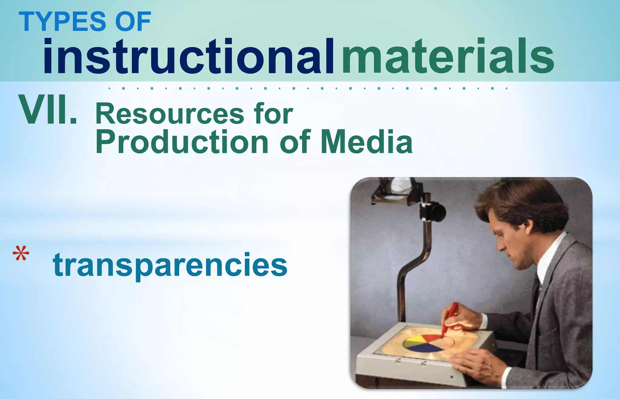 TYPES OF
instructionalmaterials
VII. Resources for
Production of Media
* transparencies
 