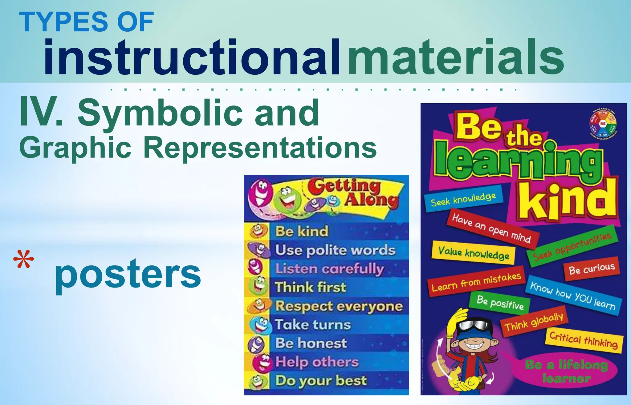 TYPES OF
instructionalmaterials
IV. Symbolic and
Graphic Representations
* posters
 
