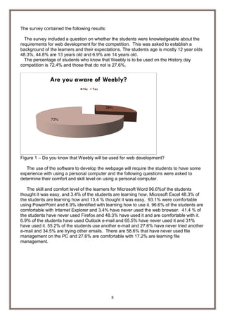 The survey contained the following results:
The survey included a question on whether the students were knowledgeable about the
requirements for web development for the competition. This was asked to establish a
background of the learners and their expectations. The students age is mostly 12 year olds
48.3%, 44.8% are 13 years old and 6.9% are 14 years old.
The percentage of students who know that Weebly is to be used on the History day
competition is 72.4% and those that do not is 27.6%.

Are you aware of Weebly?
No

Yes

28%
72%

Figure 1 – Do you know that Weebly will be used for web development?
The use of the software to develop the webpage will require the students to have some
experience with using a personal computer and the following questions were asked to
determine their comfort and skill level on using a personal computer.
The skill and comfort level of the learners for Microsoft Word 96.6%of the students
thought it was easy, and 3.4% of the students are learning how, Microsoft Excel 48.3% of
the students are learning how and 13,4 % thought it was easy. 93.1% were comfortable
using PowerPoint and 6.9% identified with learning how to use it. 96.6% of the students are
comfortable with Internet Explorer and 3.4% have never used the web browser. 41.4 % of
the students have never used Firefox and 48.3% have used it and are comfortable with it.
6.9% of the students have used Outlook e-mail and 65.5% have never used it and 31%
have used it. 55.2% of the students use another e-mail and 27.6% have never tried another
e-mail and 34.5% are trying other emails. There are 58.6% that have never used file
management on the PC and 27.6% are comfortable with 17.2% are learning file
management.

8

 