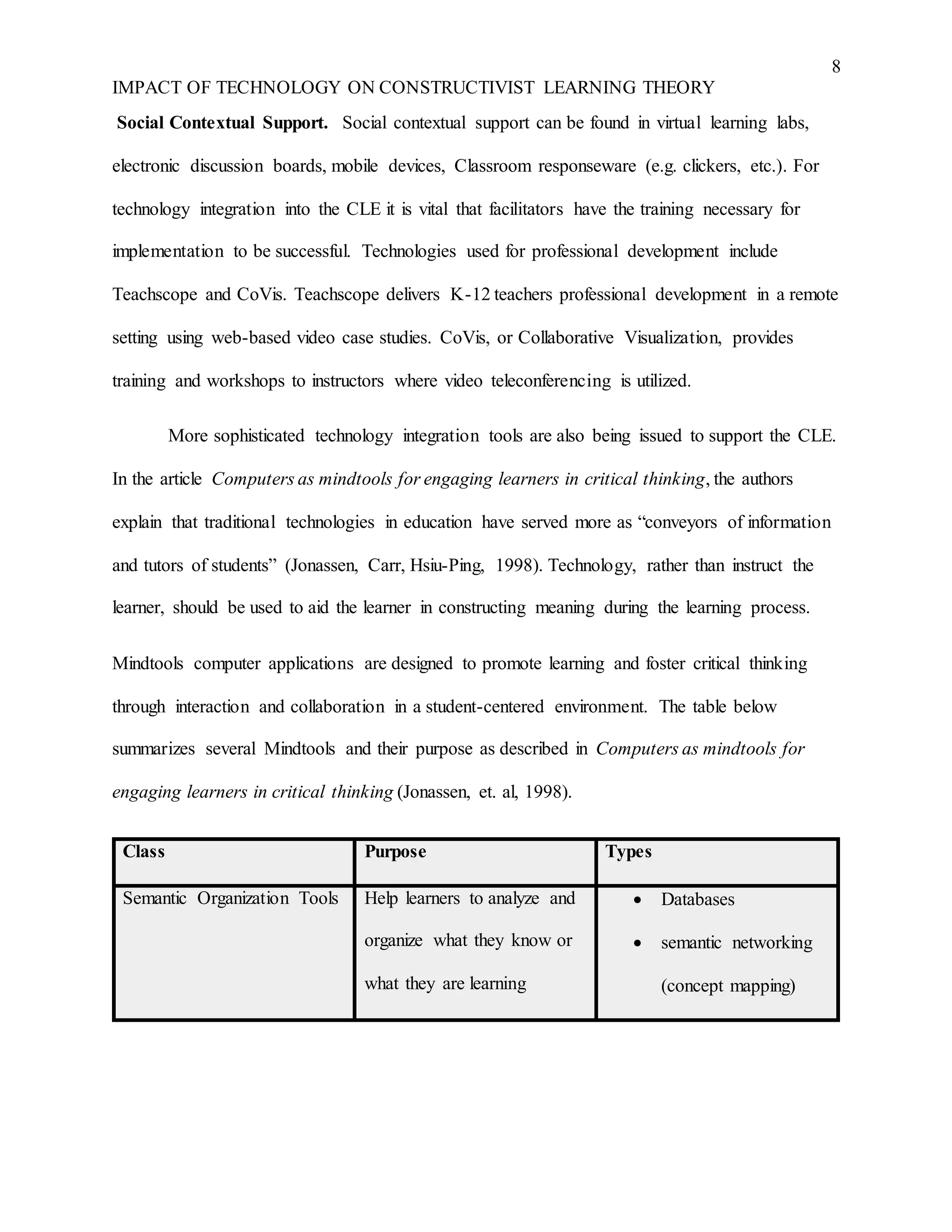 8
IMPACT OF TECHNOLOGY ON CONSTRUCTIVIST LEARNING THEORY
Social Contextual Support. Social contextual support can be found in virtual learning labs,
electronic discussion boards, mobile devices, Classroom responseware (e.g. clickers, etc.). For
technology integration into the CLE it is vital that facilitators have the training necessary for
implementation to be successful. Technologies used for professional development include
Teachscope and CoVis. Teachscope delivers K-12 teachers professional development in a remote
setting using web-based video case studies. CoVis, or Collaborative Visualization, provides
training and workshops to instructors where video teleconferencing is utilized.
More sophisticated technology integration tools are also being issued to support the CLE.
In the article Computers as mindtools for engaging learners in critical thinking, the authors
explain that traditional technologies in education have served more as “conveyors of information
and tutors of students” (Jonassen, Carr, Hsiu-Ping, 1998). Technology, rather than instruct the
learner, should be used to aid the learner in constructing meaning during the learning process.
Mindtools computer applications are designed to promote learning and foster critical thinking
through interaction and collaboration in a student-centered environment. The table below
summarizes several Mindtools and their purpose as described in Computers as mindtools for
engaging learners in critical thinking (Jonassen, et. al, 1998).
Class Purpose Types
Semantic Organization Tools Help learners to analyze and
organize what they know or
what they are learning
 Databases
 semantic networking
(concept mapping)
 