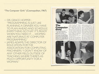 • DR. GRACE HOPPER :
“PROGRAMMING IS JUST LIKE
PLANNING A DINNER.YOU HAVE
TO PLAN AHEAD AND SCHEDULE
EVERYTHING SOTHAT IT’S READY
WHENYOU NEED IT….WOMEN
ARE ‘NATURALS’AT COMPUTER
PROGRAMMING.”
• JAMES ADAMS,THE DIRECTOR OF
EDUCATION FORTHE
ASSOCIATION FOR COMPUTING
MACHINERY,:“I DON’T KNOW OF
ANY OTHER FIELD, OUTSIDE OF
TEACHING,WHERETHERE’S AS
MUCH OPPORTUNITY FOR A
WOMAN.”
“The Computer Girls” (Cosmopolitan, 1967)
 