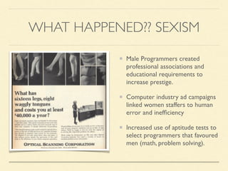 WHAT HAPPENED?? SEXISM
Male Programmers created
professional associations and
educational requirements to
increase prestige.
Computer industry ad campaigns
linked women staffers to human
error and inefﬁciency
Increased use of aptitude tests to
select programmers that favoured
men (math, problem solving).
 