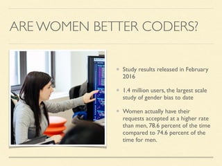 ARE WOMEN BETTER CODERS?
Study results released in February
2016
1.4 million users, the largest scale
study of gender bias to date
Women actually have their
requests accepted at a higher rate
than men, 78.6 percent of the time
compared to 74.6 percent of the
time for men.
 
