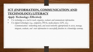 ICT (INFORMATION, COMMUNICATION AND
TECHNOLOGY) LITERACY
Apply Technology Effectively
• Use technology as a tool to reach, organize, evaluate and communicate information.
• Use digital technologies (e.g., computers, PDAs, media players, GPS, etc,).
Communication/ networking tools, and social networks appropriately to access, manage,
integrate, evaluate, and crate information to successfully function in a knowledge economy.
 