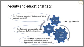 Inequity and educational gaps
E.g. Access to hardware (PCs, laptops, iPads…)
Access to stable wifi
E.g. Teachers, caregivers who know
and can use EdTech with children
E.g. Content in local languages and in
alignment with national curriculum
Design that is data- and evidence-based
“The Digital Divides”
 