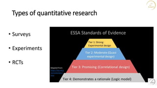 Types of quantitative research
• Surveys
• Experiments
• RCTs
 