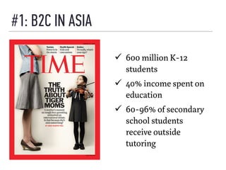 #1: B2C IN ASIA
ü  600 million K-12
students
ü  40% income spent on
education
ü  60-96% of secondary
school students
re...