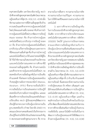 เทคโนโลยีสื่อสารการศึกษา124
ครุศาสตรบัณฑิต มหาวิทยาลัยราชภัฎ พบว่า
นักศึกษาหลักสูตรครุศาสตรบัณฑิตโดยภาพรวม
อยู่ในระดับมากที่สุด( =4.52,S.D.=0.54)เมื่อ
พิจารณาแต่ละรายการที่มีค่าเฉลี่ยสูงสุดคือด้าน
ความสนใจและศึกษาหาความรู้และเทคโนโลยี
ใหม่ๆมีคะแนนค่าเฉลี่ยรองลงมาคือด้านการน�ำ
ความรู้และเทคโนโลยีใหม่ๆมาพัฒนาการเรียนรู้
ตนเอง รองลงมา คือ ด้านการน�ำความรู้และ
เทคโนโลยีใหม่ๆ มาปรับปรุง การเรียนรู้ รองลง
มา คือ ด้านการน�ำความรู้และเทคโนโลยีใหม่ๆ
มาปรับปรุงแก้ไขการเรียนรู้ตนเองและรายการ
ที่มีคะแนนค่าเฉลี่ยต�่ำสุด คือ ด้านการน�ำความรู้
และเทคโนโลยีใหม่ๆมาใช้และถ่ายทอดให้ผู้อื่น
ได้ ซึ่งถ้าพิจารณาแล้วสมรรถนะด้านนวัตกรรม
และเทคโนโลยีสารสนเทศทางการศึกษาที่มี
คะแนนค่าเฉลี่ยสูงสุดคือ คือ ด้านความสนใจ
และศึกษาหาความรู้และเทคโนโลยีใหม่ๆ จะ
สอดคล้องกับความยึดมันผูกพันในการเรียนคือ
ด้านเจตคติ ซึ่งส่งผลการเรียนรู้และสอดคล้อง
กับทฤษฎีความต้องการของมาสโลว์ (Maslow,
Abraham. 1970.) ซึ่งสามารถยืนยันได้ว่า
ความยึดมั่นในการเรียนส่งผลต่อการเรียนรู้ที่
สอดคล้องกับความต้องการของผู้เรียน และผล
สัมฤทธิ์ทางการเรียนก่อนเรียนและหลังเรียนมา
เปรียบเทียบ พบว่า ผู้เรียนทุกคนมีพัฒนาการ
เรียนรู้ด้วยกระบวนการเรียนรู้แบบโครงงานเป็น
ฐาน สอดคล้องกับ (ก�ำพล วิลยาลัย 2560) การ
สอนแบบโครงงานคอมพิวเตอร์เป็นกิจกรรมการ
เรียนรู้ที่จะช่วยให้นักเรียนเกิดสมรรถนะส�ำคัญ
5 สมรรถนะตามหลักสูตรแกนกลาง คือ ความ
สามารถในการสื่อสาร ความสามารถในการคิด
ความสามารถในการแก้ปัญหา ความสามารถ
ในการใช้ทักษะชีวิตและความสามารถในการใช้
เทคโนโลยี
	 3.	ผลการศึกษาความยึดมั่นผูกพัน
ในการเรียนของนักศึกษาหลักสูตรครุศาสตร
บัณฑิต จากการศึกษารายวิชานวัตกรรมและ
เทคโนโลยีสารสนเทศทางการศึกษา รหัสวิชา
1032201 โดยใช้ รูปแบบการเรียนการสอน
ตามแนวคิดความยึดมั่นผูกพันร่วมกับการ
เรียนรู้แบบโครงงานเพื่อส่งเสริมสมรรถนะด้าน
นวัตกรรมและเทคโนโลยีสารสนเทศทางการ
ศึกษาของนักศึกษาหลักสูตรครุศาสตรบัณฑิต
มหาวิทยาลัยราชภัฎผลการทดสอบความยึดมั่น
ผูกพันในการเรียนของนักศึกษากลุ่มทดลองพบ
ว่านักศึกษามีความยึดมันผูกพันกับการเรียนทั้ง
สามด้าน โดยภาพรวม ( = 4.51, S.D.=0.59)
อยู่ในระดับมากที่สุดเมื่อพิจารณาแต่ละรายการ
อยู่ในระดับมากที่สุด ทั้ง 3 ด้าน คือ ด้านเจตคติ
ต่อการเรียนมี ที่แสดงออกถึงความสามารถใน
การรับรู้ตอบสนอง รัก ศรัทธา เห็นคุณค่า และ
มีลักษณะนิสัยส่งเสริมพัฒนาการเรียนรู้ด้วย
เทคโนโลยีสารสนเทศทางการศึกษา ( = 4.52,
S.D.=0.59) อยู่ในระดับมากที่สุด และด้าน
พฤติกรรมในการเรียนเป็นทักษะในปรับปรุง
แก้ไขพัฒนาสื่อเทคโนโลยีสารสนเทศนวัตกรรม
ทางการศึกษาเพื่อส่งเสริมการเรียนรู้ ด้วยความ
กระตือรือร้น และเอาใจใส่มีการปรับตัวในการ
พัฒนาการเรียนรู้ของตนเองท�ำให้มีพัฒนาการ
ด้านความรู้และทักษะ ( = 4.52, S.D.=0.58)
 