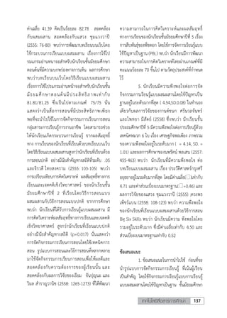 137เทคโนโลยีสื่อสารการศึกษา
9
ค่าเฉลี่ย 41.39 คิดเป็นร้อยละ 82.78 สอดคล้อง
กับผสมผสาน สอดคล้องกับแสวง ชุมแวงวาปี
(2555: 76-80) พบว่าการพัฒนาบทเรียนบนเว็บโดย
ใช้กระบวนการเรียนแบบผสมผสาน เรื่องการใช้โป
รมแกรมอ่านหนาจอสาหรับนักเรียนชั้นมัธยมศึกษา
ตอนต้นที่มีความบกพร่องทางการเห็น ผลการศึกษา
พบว่าบทเรียนบนเว็บโดยวิธีเรียนแบบผสมผสาน
เรื่องการใช้โปรแกรมอ่านหน้าจอสาหรับนักเรียนชั้น
มัธยมศึกษาตอนต้นมีประสิทธิภาพเท่ากับ
81.81/81.25 ซึ่งเป็นไปตามเกณฑ์ 75/75 นั่น
แสดงว่าเป็นสื่อการสอนที่มีประสิทธิภาพเพียง
พอที่จะนาไปใช้ในการจัดกิจกรรมการเรียนการสอน
กลุ่มสาระการเรียนรู้การงานอาชีพ โดยสามารถช่วย
ให้นักเรียนเกิดกระบวนการเรียนรู้ จากผลสัมฤทธิ์
ทาง การเรียนของนักเรียนที่เรียนด้วยบทเรียนบนเว็บ
โดยวิธีเรียนแบบผสมผสานสูงกว่านักเรียนที่เรียนด้วย
การสอนปกติ อย่างมีนัยสาคัญทางสถิติที่ระดับ .05
และจิรวดี ไทยสงคราม (2555: 103-105) พบว่า
การเปรียบเทียบการคิดวิเคราะห์ ผลสัมฤทธิ์ทางการ
เรียนและเจตคติเชิงวิทยาศาสตร์ ของนักเรียนชั้น
มัธยมศึกษาปีที่ 2 ที่เรียนโดยวิธีการสอนแบบ
ผสมผสานกับวิธีการสอนแบบปกติ จากการศึกษา
พบว่า นักเรียนที่ได้รับการเรียนรู้แบบผสมผสาน มี
การคิดวิเคราะห์ผลสัมฤทธิ์ทางการเรียนและเจตคติ
เชิงวิทยาศาสตร์ สูงกว่านักเรียนที่เรียนแบบปกติ
อย่างมีนัยสาคัญทางสถิติ (p=0.017) นั่นแสดงว่า
การจัดกิจกรรมการเรียนการสอนโดยใช้เทคนิคการ
สอน รูปแบบการสอนและวิธีการสอนที่หลากหลาย
มาใช้จัดกิจกรรมการเรียนการสอนเพื่อให้ผลดีและ
สอดคล้องกับความต้องการของผู้เรียนนั้น และ
สอดคล้องกับผลการวิจัยของเรียม จันปุญนะ และ
วิมล สาราญวานิช (2558: 1265-1273) ที่ได้พัฒนา
ความสามารถในการคิดวิเคราะห์และผลสัมฤทธิ์
ทางการเรียนของนักเรียนชั้นมัธยมศึกษาปีที่ 5 เรื่อง
การสืบพันธุ์ของพืชดอก โดยใช้การจัดการเรียนรู้แบบ
ใช้ปัญหาเป็นฐาน (PBL) พบว่า นักเรียนมีการพัฒนา
ความสามารถในการคิดวิเคราะห์โดยผ่านเกณฑ์ที่มี
คะแนนร้อยละ 70 ขึ้นไป ตามวัตถุประสงค์ที่กาหนด
ไว้
5. นักเรียนมีความพึงพอใจต่อการจัด
กิจกรรมการเรียนรู้แบบผสมผสานโดยใช้ปัญหาเป็น
ฐานอยู่ในระดับมากที่สุด ( 4.54,SD.0.08) ในทานอง
เดียวกับผลการวิจัยของกานต์ชนก ศรีนวลจันทร์
และไพทยา มีสัตย์ (2558) ซึ่งพบว่า นักเรียนชั้น
ประถมศึกษาปีที่ 5 มีความพึงพอใจต่อการเรียนรู้ด้วย
เทคนิคหมวก 6 ใบ เรื่อง เศรษฐกิจพอเพียง ภาพรวม
ของความพึงพอใจอยู่ในระดับมาก ( = 4.14, SD. =
1.01) และผลการศึกษาของนพรัตน์ พลเสน (2557:
455-463) พบว่า นักเรียนที่มีความพึงพอใจ ต่อ
บทเรียนแบบผสมผสาน เรื่อง ประวัติศาสตร์กรุงศรี
อยุธยาอยู่ในระดับมากที่สุด โดยมีค่าเฉลี่ย( )เท่ากับ
4.71 และค่าส่วนเบี่ยงเบนมาตรฐาน( =0.46) และ
ผลการวิจัยของแสวง ชุมแวงวาปี (2555) ;ดวงพร
เพ็ชร์แบน (2558: 108-123) พบว่า ความพึงพอใจ
ของนักเรียนที่เรียนแบบผสมผสานด้วยวิธีการสอน
Big Six Skills พบว่า นักเรียนมีความ พึงพอใจโดย
รวมอยู่ในระดับมาก ซึ่งมีค่าเฉลี่ยเท่ากับ 4.50 และ
ส่วนเบี่ยงเบนมาตรฐานเท่ากับ 0.52
ข้อเสนอแนะ
1. ข้อเสนอแนะในการนาไปใช้ ก่อนที่จะ
นารูปแบบการจัดกิจกรรมการเรียนรู้ ที่เน้นผู้เรียน
เป็นสาคัญ โดยใช้กิจกรรมการเรียนรู้แบบการเรียนรู้
แบบผสมผสานโดยใช้ปัญหาเป็นฐาน ชั้นมัธยมศึกษา
 