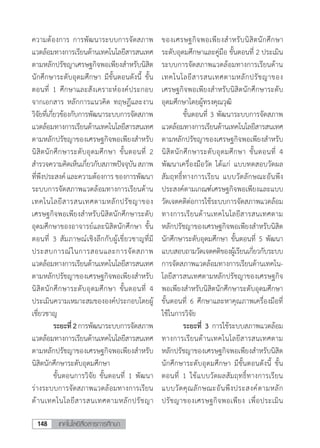 เทคโนโลยีสื่อสารการศึกษา148
ความต้องการ การพัฒนาระบบการจัดสภาพ
แวดล้อมทางการเรียนด้านเทคโนโลยีสารสนเทศ
ตามหลักปรัชญาเศรษฐกิจพอเพียงส�ำหรับนิสิต
นักศึกษาระดับอุดมศึกษา มีขั้นตอนดังนี้ ขั้น
ตอนที่ 1 ศึกษาและสังเคราะห์องค์ประกอบ
จากเอกสาร หลักการแนวคิด ทฤษฏีและงาน
วิจัยที่เกี่ยวข้องกับการพัฒนาระบบการจัดสภาพ
แวดล้อมทางการเรียนด้านเทคโนโลยีสารสนเทศ
ตามหลักปรัชญาของเศรษฐกิจพอเพียงส�ำหรับ
นิสิตนักศึกษาระดับอุดมศึกษา ขั้นตอนที่ 2
ส�ำรวจความคิดเห็นเกี่ยวกับสภาพปัจจุบันสภาพ
ที่พึงประสงค์ และความต้องการ ของการพัฒนา
ระบบการจัดสภาพแวดล้อมทางการเรียนด้าน
เทคโนโลยีสารสนเทศตามหลักปรัชญาของ
เศรษฐกิจพอเพียงส�ำหรับนิสิตนักศึกษาระดับ
อุดมศึกษาของอาจารย์และนิสิตนักศึกษา ขั้น
ตอนที่ 3 สัมภาษณ์เชิงลึกกับผู้เชี่ยวชาญที่มี
ประสบการณ์ในการสอนและการจัดสภาพ
แวดล้อมทางการเรียนด้านเทคโนโลยีสารสนเทศ
ตามหลักปรัชญาของเศรษฐกิจพอเพียงส�ำหรับ
นิสิตนักศึกษาระดับอุดมศึกษา ขั้นตอนที่ 4
ประเมินความเหมาะสมขององค์ประกอบโดยผู้
เชี่ยวชาญ
	 ระยะที่2การพัฒนาระบบการจัดสภาพ
แวดล้อมทางการเรียนด้านเทคโนโลยีสารสนเทศ
ตามหลักปรัชญาของเศรษฐกิจพอเพียงส�ำหรับ
นิสิตนักศึกษาระดับอุดมศึกษา
	 ขั้นตอนการวิจัย ขั้นตอนที่ 1 พัฒนา
ร่างระบบการจัดสภาพแวดล้อมทางการเรียน
ด้านเทคโนโลยีสารสนเทศตามหลักปรัชญา
ของเศรษฐกิจพอเพียงส�ำหรับนิสิตนักศึกษา
ระดับอุดมศึกษาและคู่มือ ขั้นตอนที่ 2 ประเมิน
ระบบการจัดสภาพแวดล้อมทางการเรียนด้าน
เทคโนโลยีสารสนเทศตามหลักปรัชญาของ
เศรษฐกิจพอเพียงส�ำหรับนิสิตนักศึกษาระดับ
อุดมศึกษาโดยผู้ทรงคุณวุฒิ
	 ขั้นตอนที่ 3 พัฒนาระบบการจัดสภาพ
แวดล้อมทางการเรียนด้านเทคโนโลยีสารสนเทศ
ตามหลักปรัชญาของเศรษฐกิจพอเพียงส�ำหรับ
นิสิตนักศึกษาระดับอุดมศึกษา ขั้นตอนที่ 4
พัฒนาเครื่องมือวัด ได้แก่ แบบทดสอบวัดผล
สัมฤทธิ์ทางการเรียน แบบวัดลักษณะอันพึง
ประสงค์ตามเกณฑ์เศรษฐกิจพอเพียงและแบบ
วัดเจตคติต่อการใช้ระบบการจัดสภาพแวดล้อม
ทางการเรียนด้านเทคโนโลยีสารสนเทศตาม
หลักปรัชญาของเศรษฐกิจพอเพียงส�ำหรับนิสิต
นักศึกษาระดับอุดมศึกษา ขั้นตอนที่ 5 พัฒนา
แบบสอบถามวัดเจตคติของผู้เรียนเกี่ยวกับระบบ
การจัดสภาพแวดล้อมทางการเรียนด้านเทคโน-
โลยีสารสนเทศตามหลักปรัชญาของเศรษฐกิจ
พอเพียงส�ำหรับนิสิตนักศึกษาระดับอุดมศึกษา
ขั้นตอนที่ 6 ศึกษาและหาคุณภาพเครื่องมือที่
ใช้ในการวิจัย
	 ระยะที่ 3 การใช้ระบบสภาพแวดล้อม
ทางการเรียนด้านเทคโนโลยีสารสนเทศตาม
หลักปรัชญาของเศรษฐกิจพอเพียงส�ำหรับนิสิต
นักศึกษาระดับอุดมศึกษา มีขั้นตอนดังนี้ ขั้น
ตอนที่ 1 ใช้แบบวัดผลสัมฤทธิ์ทางการเรียน
แบบวัดคุณลักษณะอันพึงประสงค์ตามหลัก
ปรัชญาของเศรษฐกิจพอเพียง เพื่อประเมิน
 